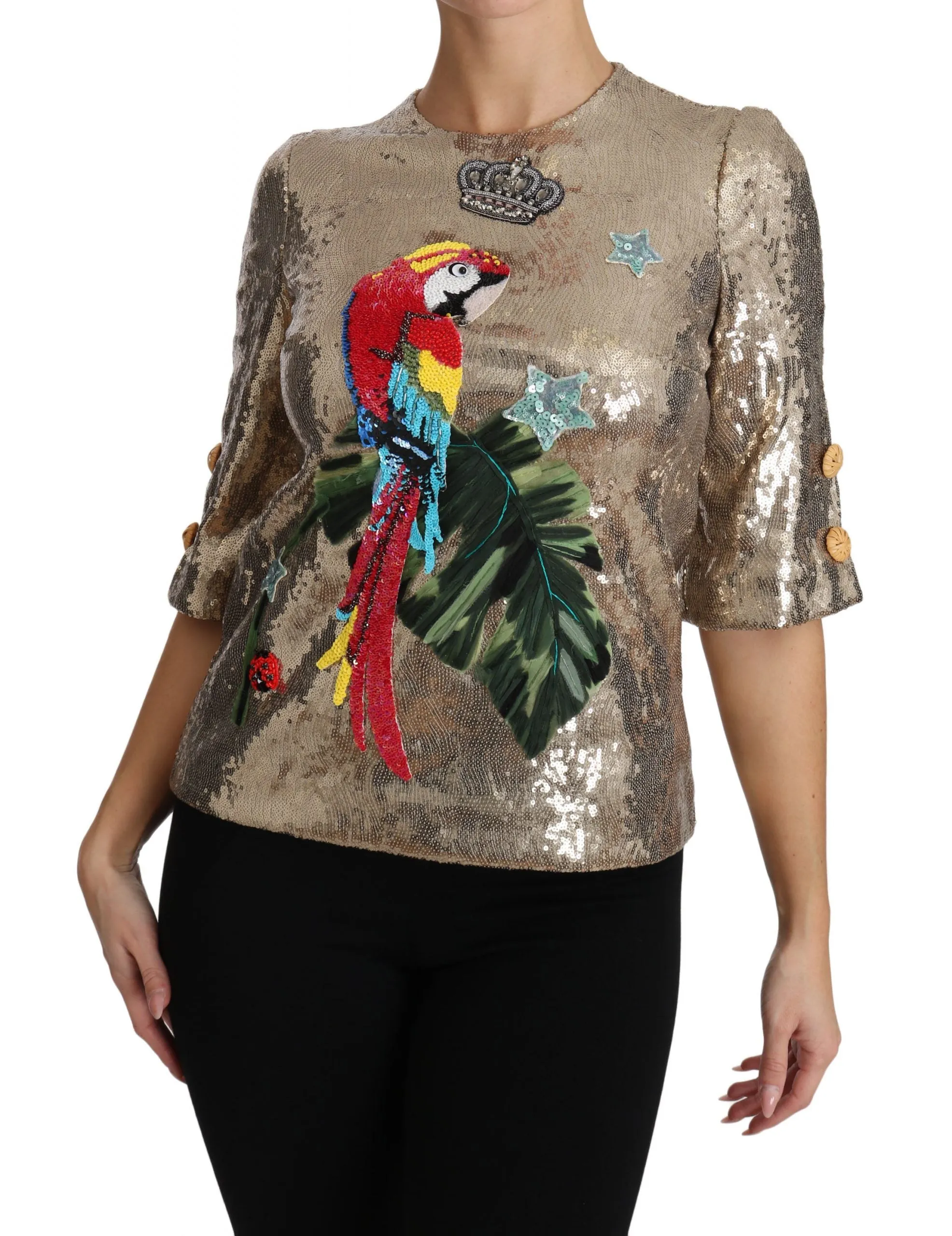 Gold Parrot Motif Crewneck Blouse with Crystals sold by Louxly product image thumbnail 4