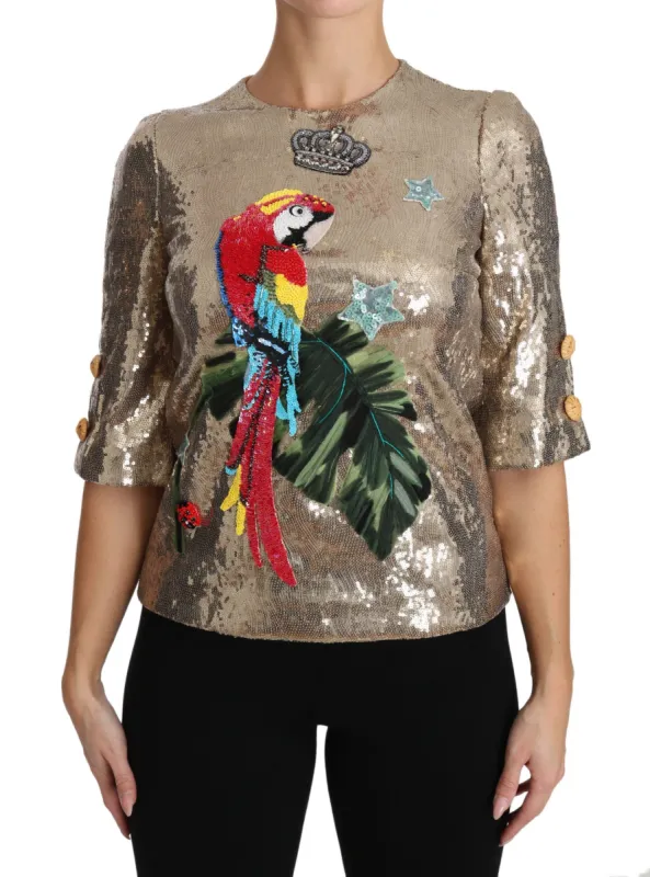 Gold Parrot Motif Crewneck Blouse with Crystals sold by Louxly
