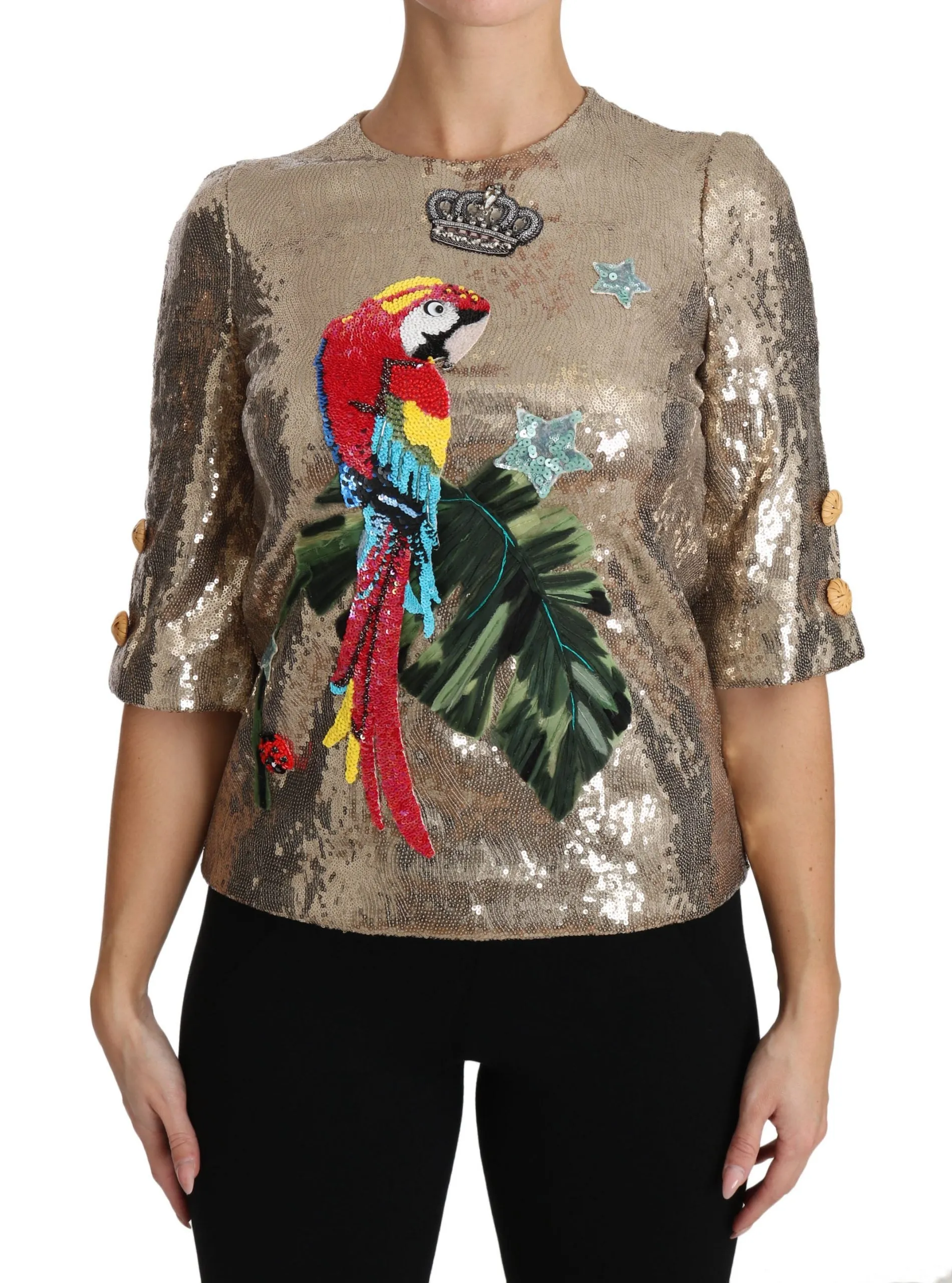 Gold Parrot Motif Crewneck Blouse with Crystals sold by Louxly