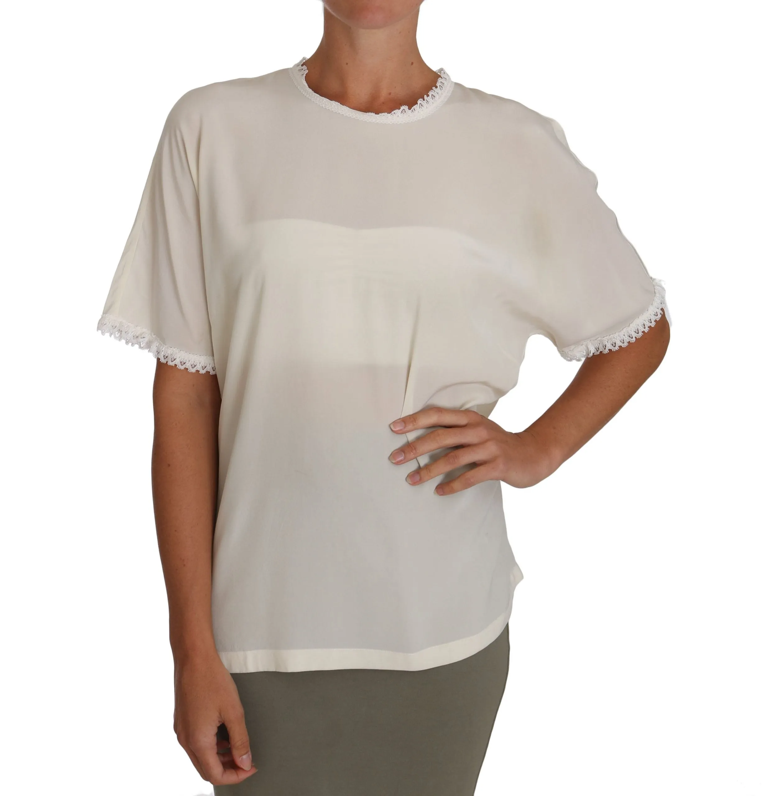 Cream Silk Lace-Detailed Blouse Top sold by Louxly