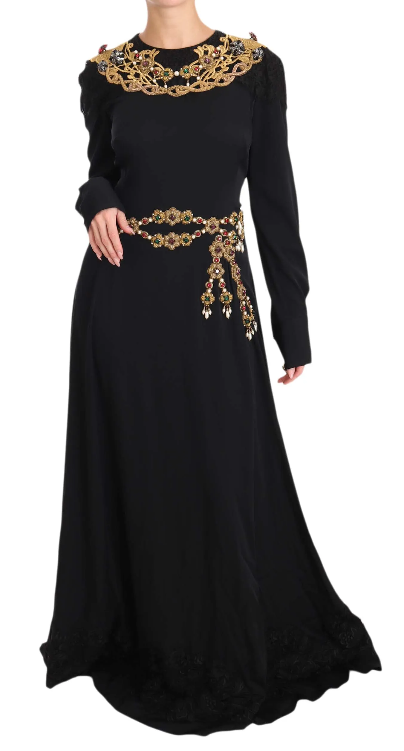 Elegant Maxi Black Dress with Gold Detailing sold by Louxly