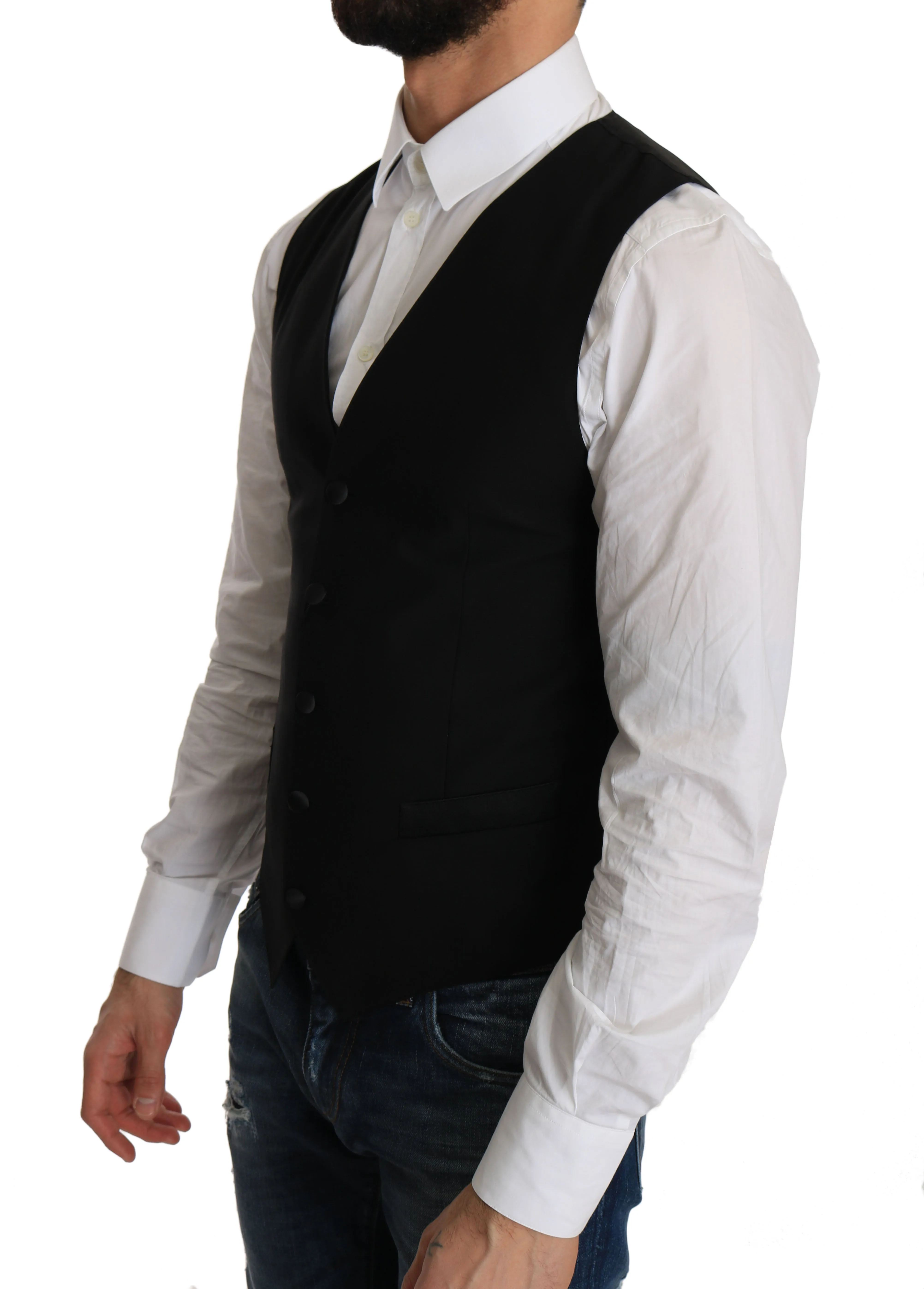 Sleek Black Wool Blend Formal Vest sold by Louxly product image thumbnail 4