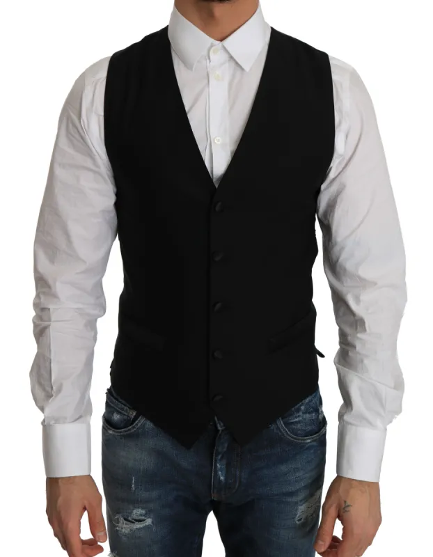 Sleek Black Wool Blend Formal Vest sold by Louxly