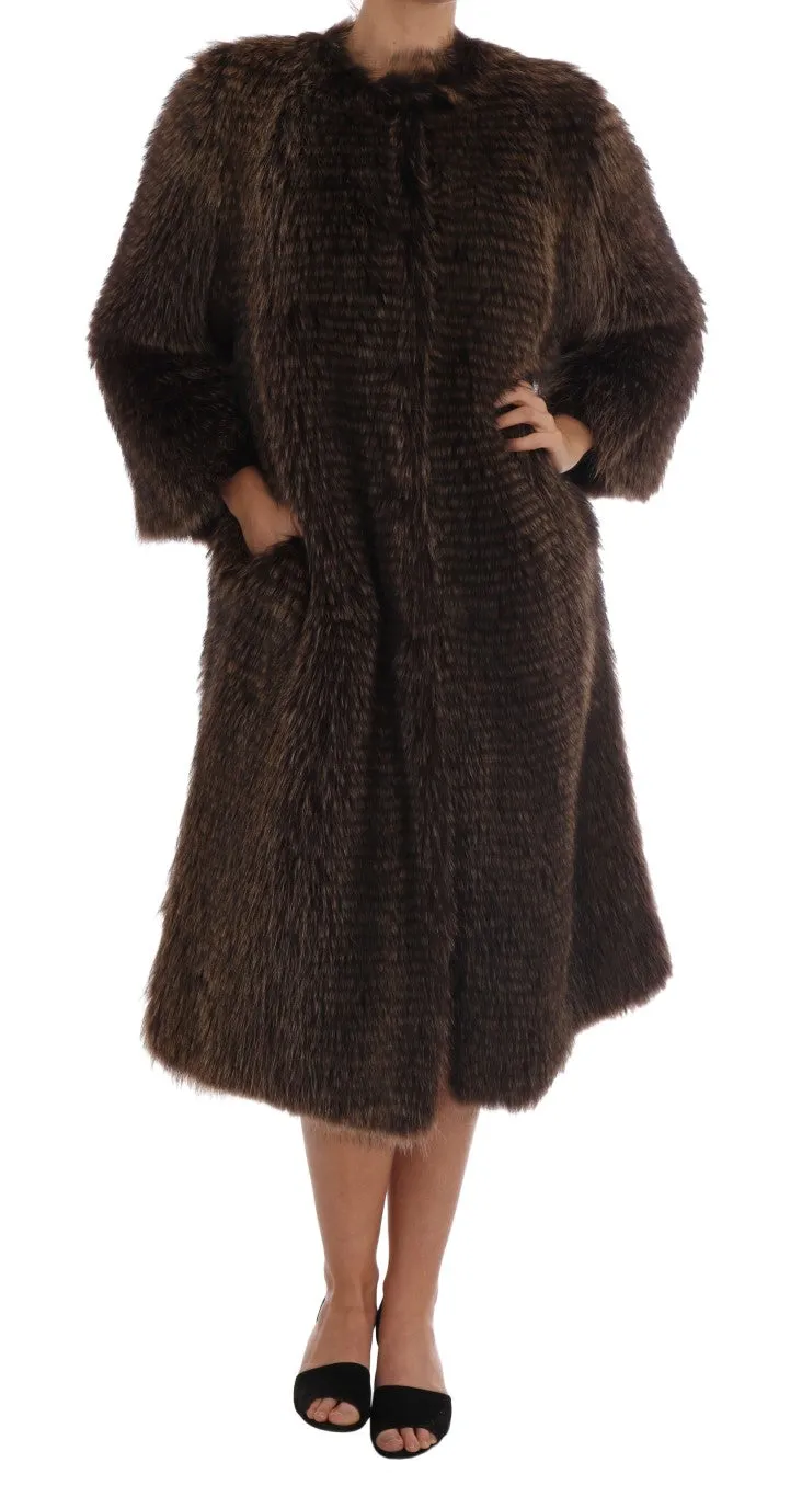 Elegant Brown Raccoon Fur Knee-Length Coat sold by Louxly