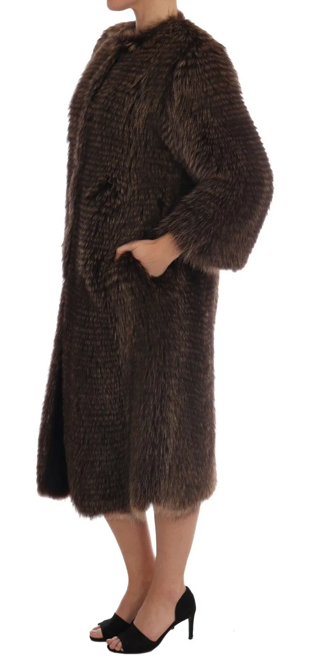 Elegant Brown Raccoon Fur Knee-Length Coat sold by Louxly product image thumbnail 2