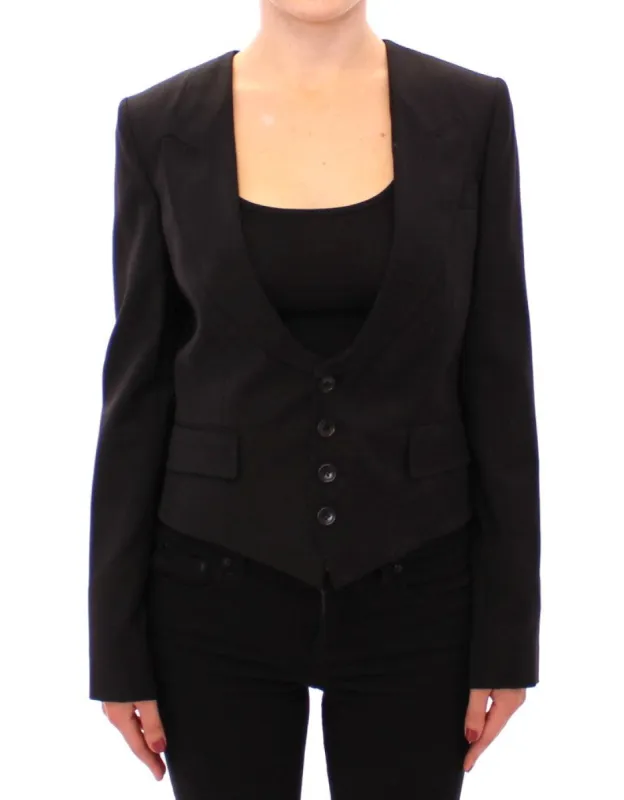 Elegant Silk-Blend Black Blazer with Scarf Back Detail sold by Louxly