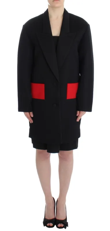 Elegant Draped Long Coat in Black with Red Accents sold by Louxly