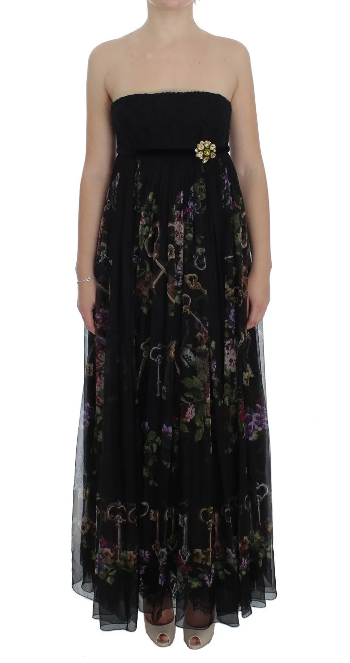 Multicolor Rose & Key Print Maxi Dress with Crystal sold by Louxly