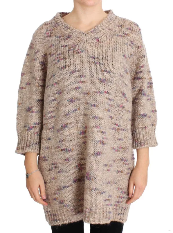 Beige Oversized V-Neck Knitted Sweater sold by Louxly