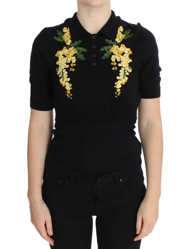 Elegant Black Silk Floral Polo Top sold by Louxly