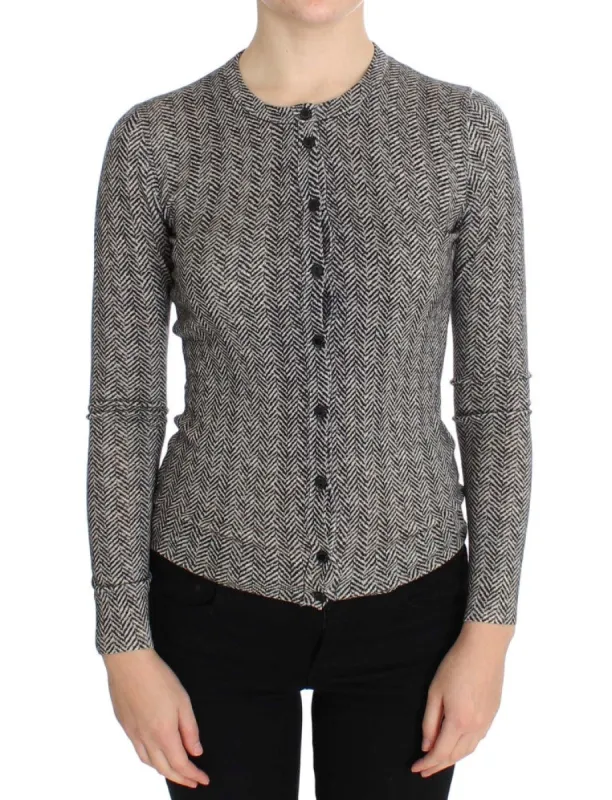 Elegant Black and White Wool Cardigan sold by Louxly