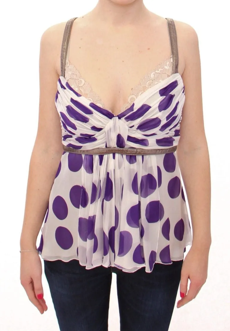 Elegant Polka Dotted Silk Blouse with Leather Detailing sold by Louxly