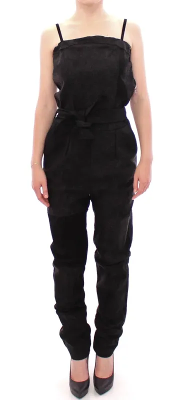 Elegant Black Leather Jumpsuit with Waist Strap sold by Louxly