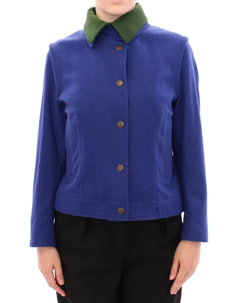 Elegant Blue Wool Jacket with Removable Collar sold by Louxly