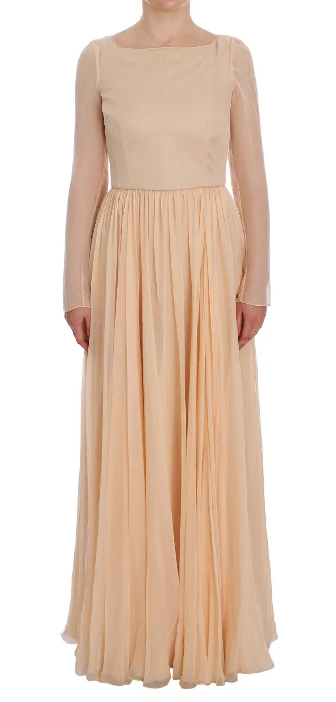 Elegant Beige Silk Full Length Sheath Dress sold by Louxly