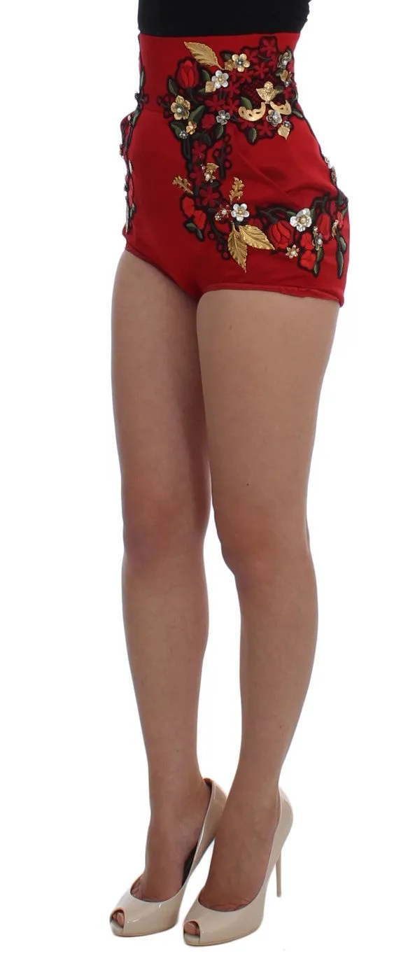 Elegant Silk Red Embroidered Mini Shorts sold by Louxly product image thumbnail 4