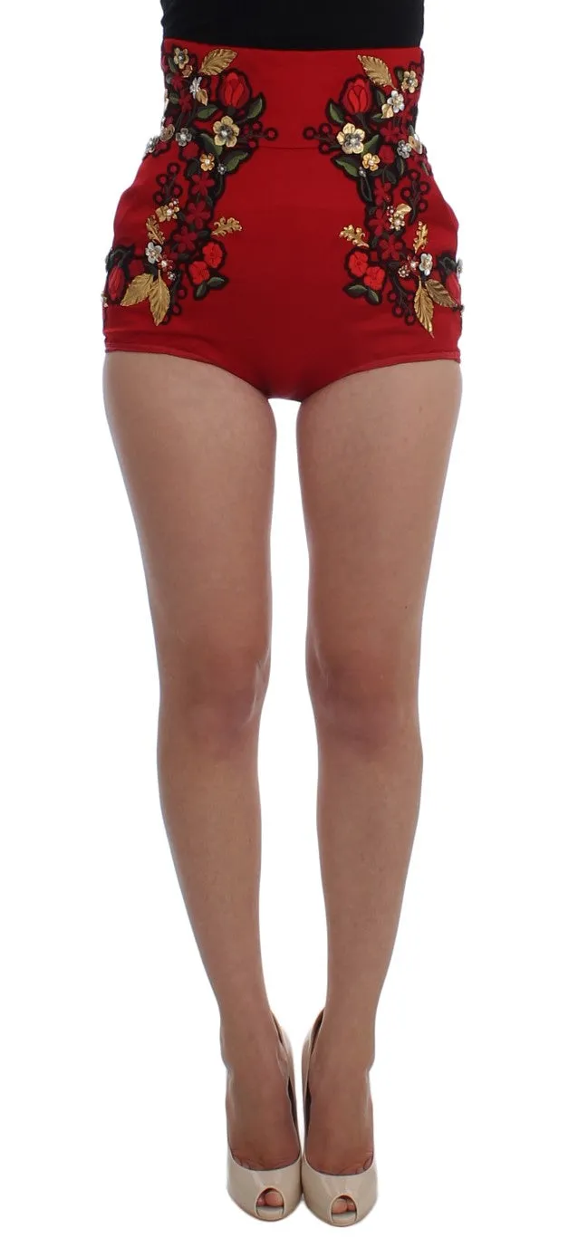 Elegant Silk Red Embroidered Mini Shorts sold by Louxly