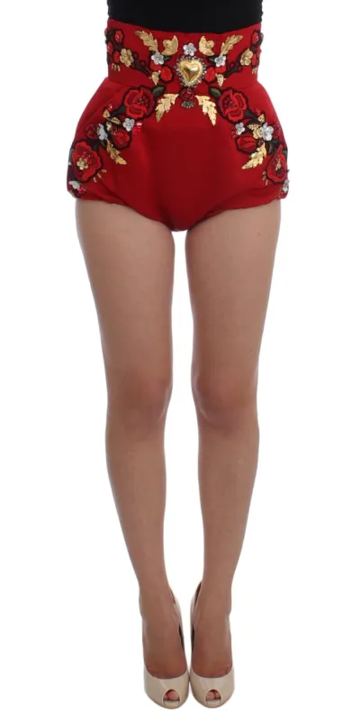 Red Silk Crystal-Embellished High Waist Shorts sold by Louxly