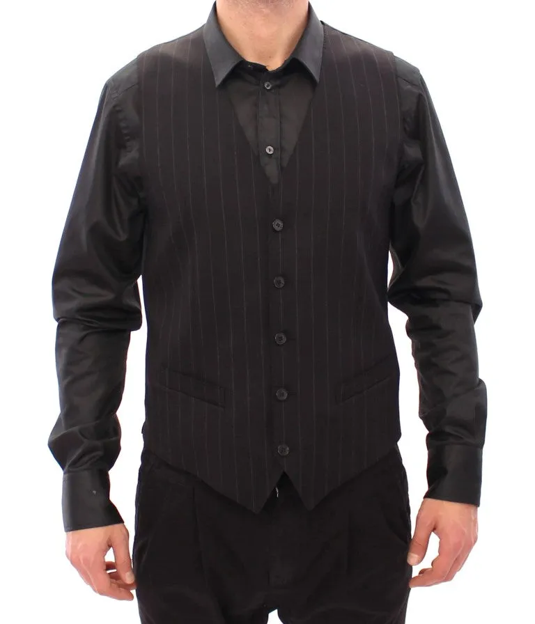 Elegant Black Striped Wool Dress Vest sold by Louxly