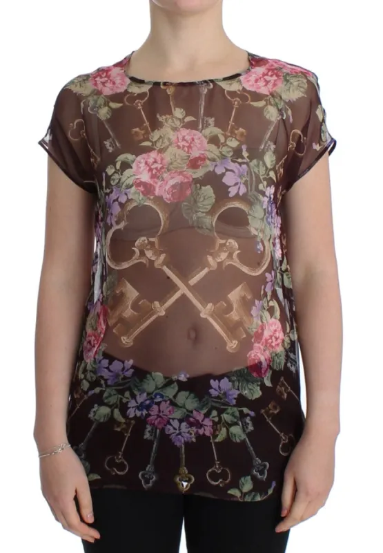 Elegant Floral Silk Blouse with Cap Sleeves sold by Louxly