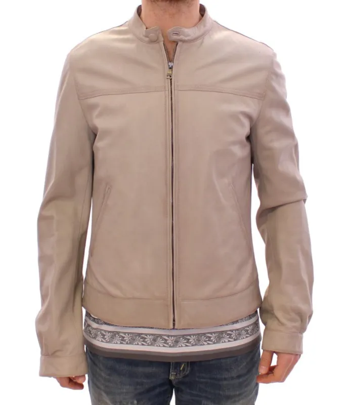 Elegant Beige Leather Lambskin Jacket sold by Louxly