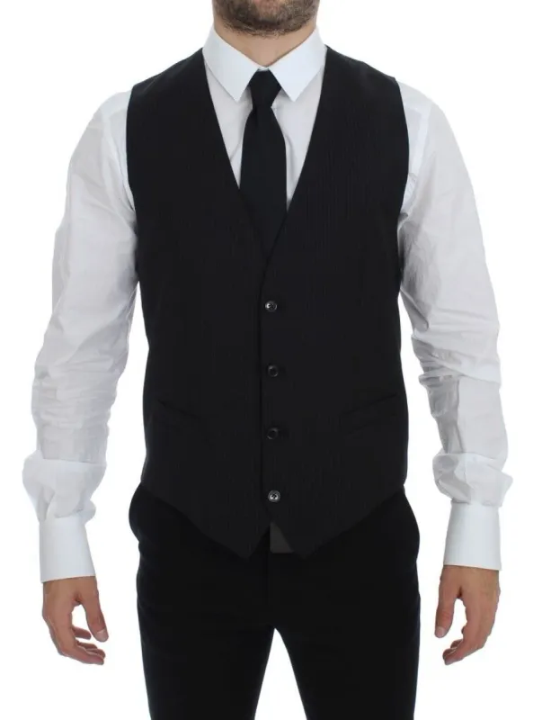 Elegant Black Striped Wool Dress Vest sold by Louxly
