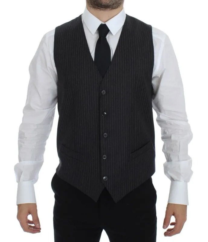 Elegant Gray Striped Wool Dress Vest sold by Louxly