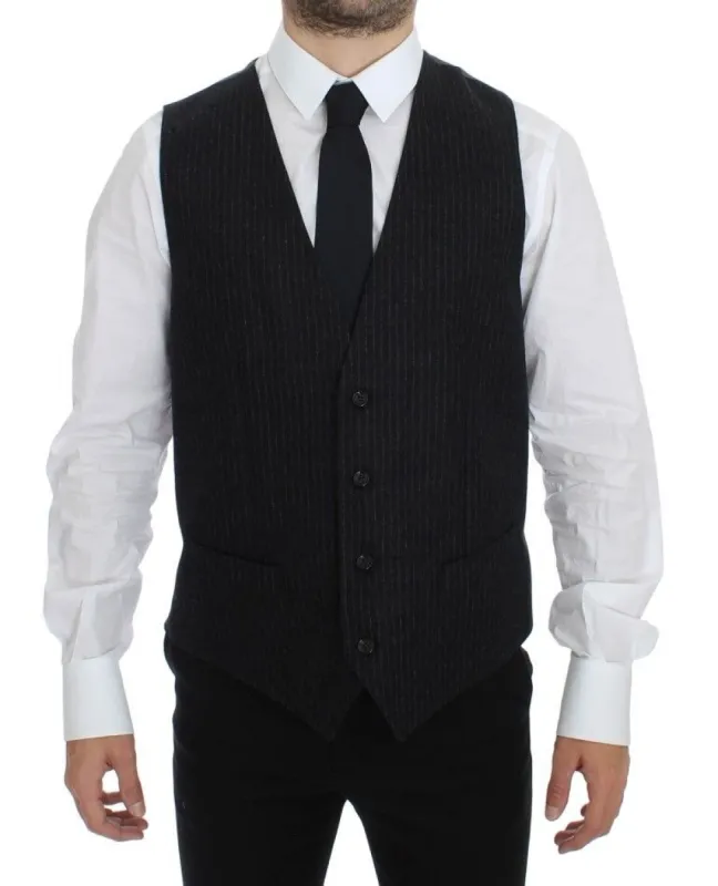Elegant Gray Striped Wool Dress Vest sold by Louxly
