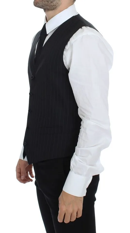 Chic Black Striped Wool Silk Dress Vest sold by Louxly product image thumbnail 4