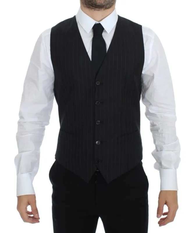 Chic Black Striped Wool Silk Dress Vest sold by Louxly