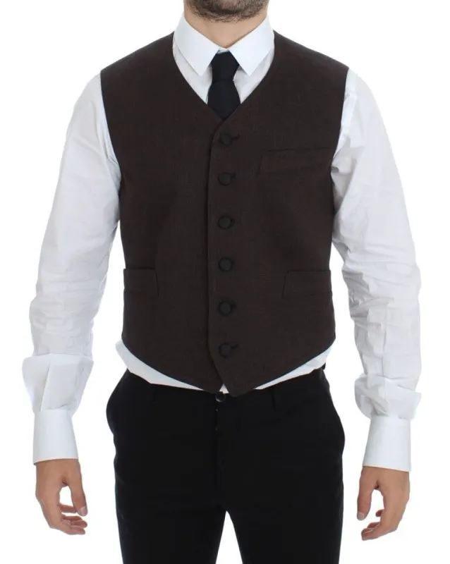 Elegant Brown Cotton Blend Dress Vest sold by Louxly
