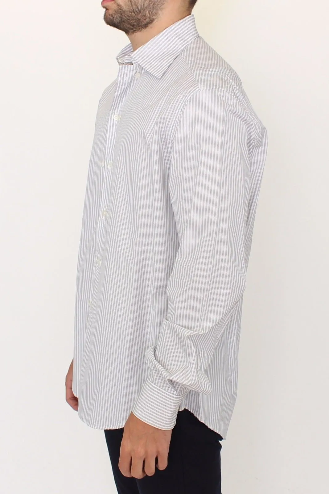 Elegant White and Gray Striped Cotton Shirt sold by Louxly product image thumbnail 2