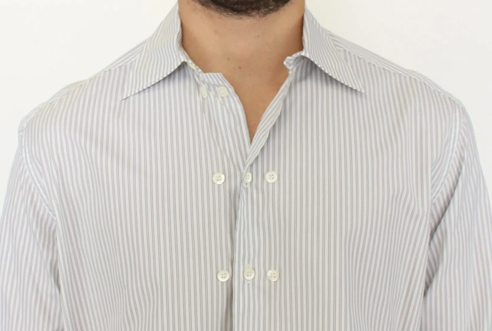 Elegant White and Gray Striped Cotton Shirt sold by Louxly product image thumbnail 5