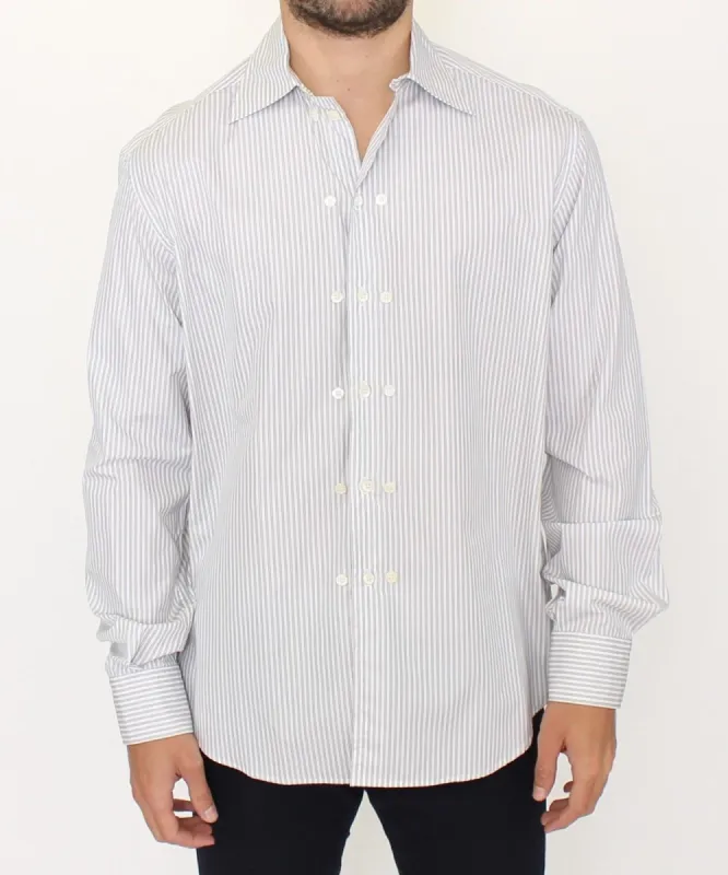 Elegant White and Gray Striped Cotton Shirt sold by Louxly