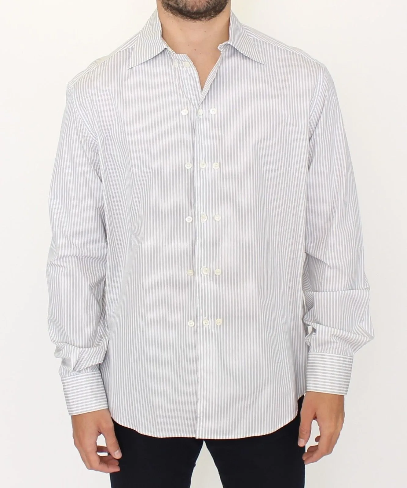 Elegant White and Gray Striped Cotton Shirt sold by Louxly