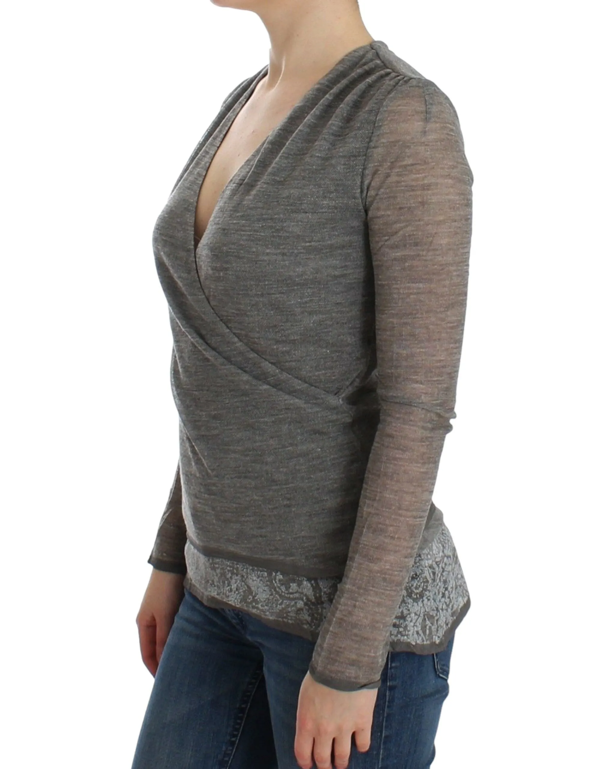 Elegant Gray Wool Blend Deep V-neck Sweater sold by Louxly product image thumbnail 2