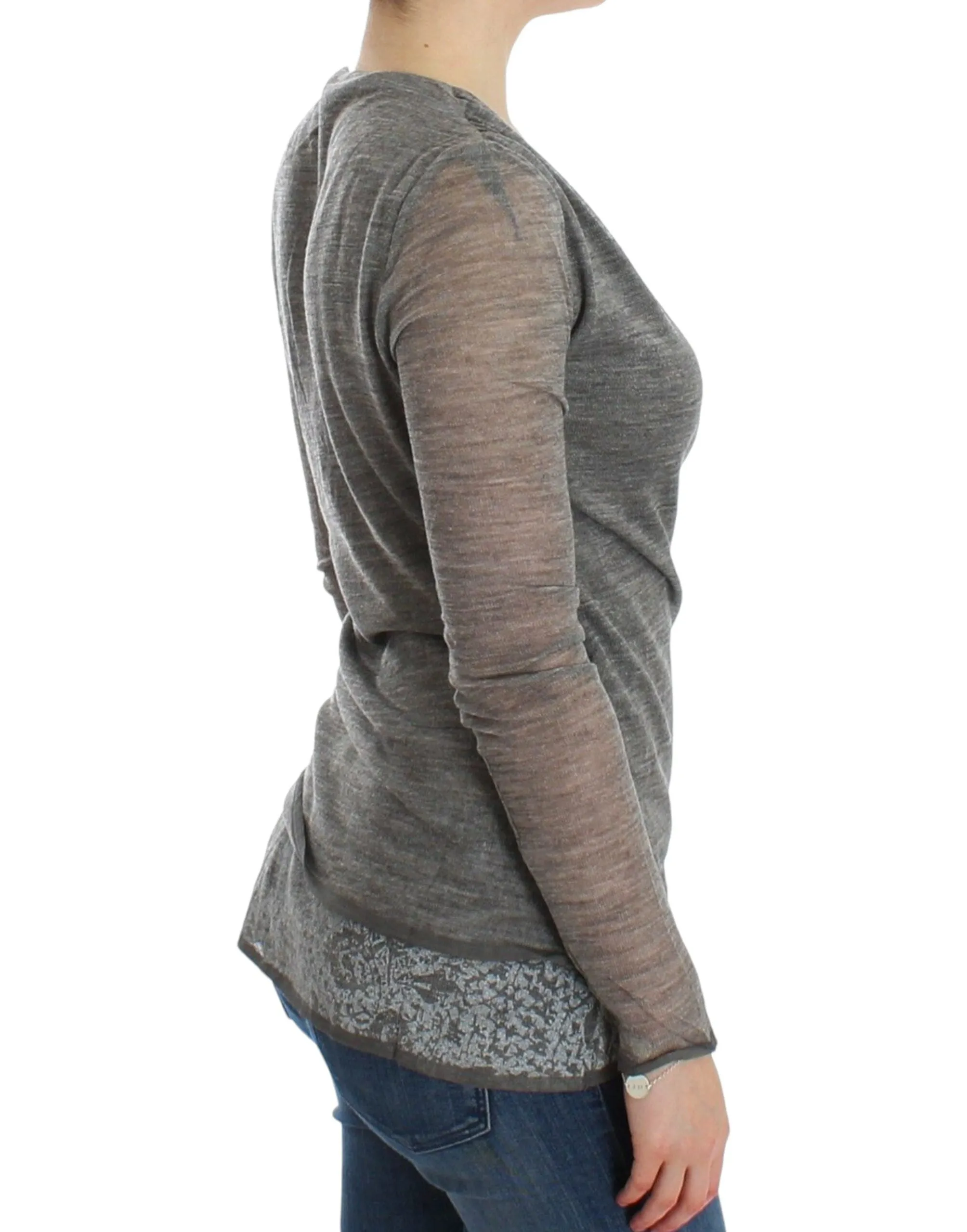 Elegant Gray Wool Blend Deep V-neck Sweater sold by Louxly product image thumbnail 4