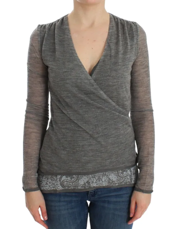 Elegant Gray Wool Blend Deep V-neck Sweater sold by Louxly