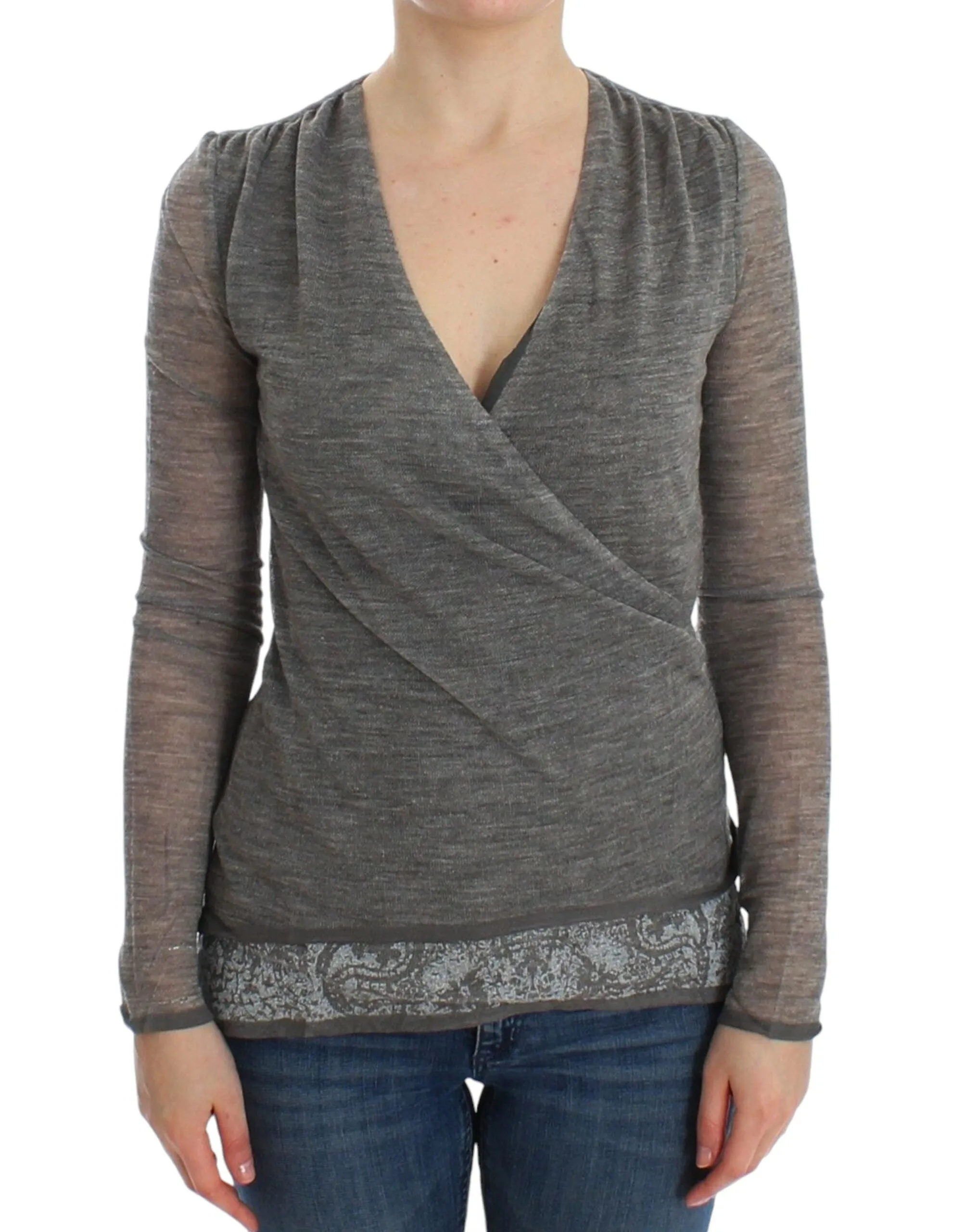 Elegant Gray Wool Blend Deep V-neck Sweater sold by Louxly