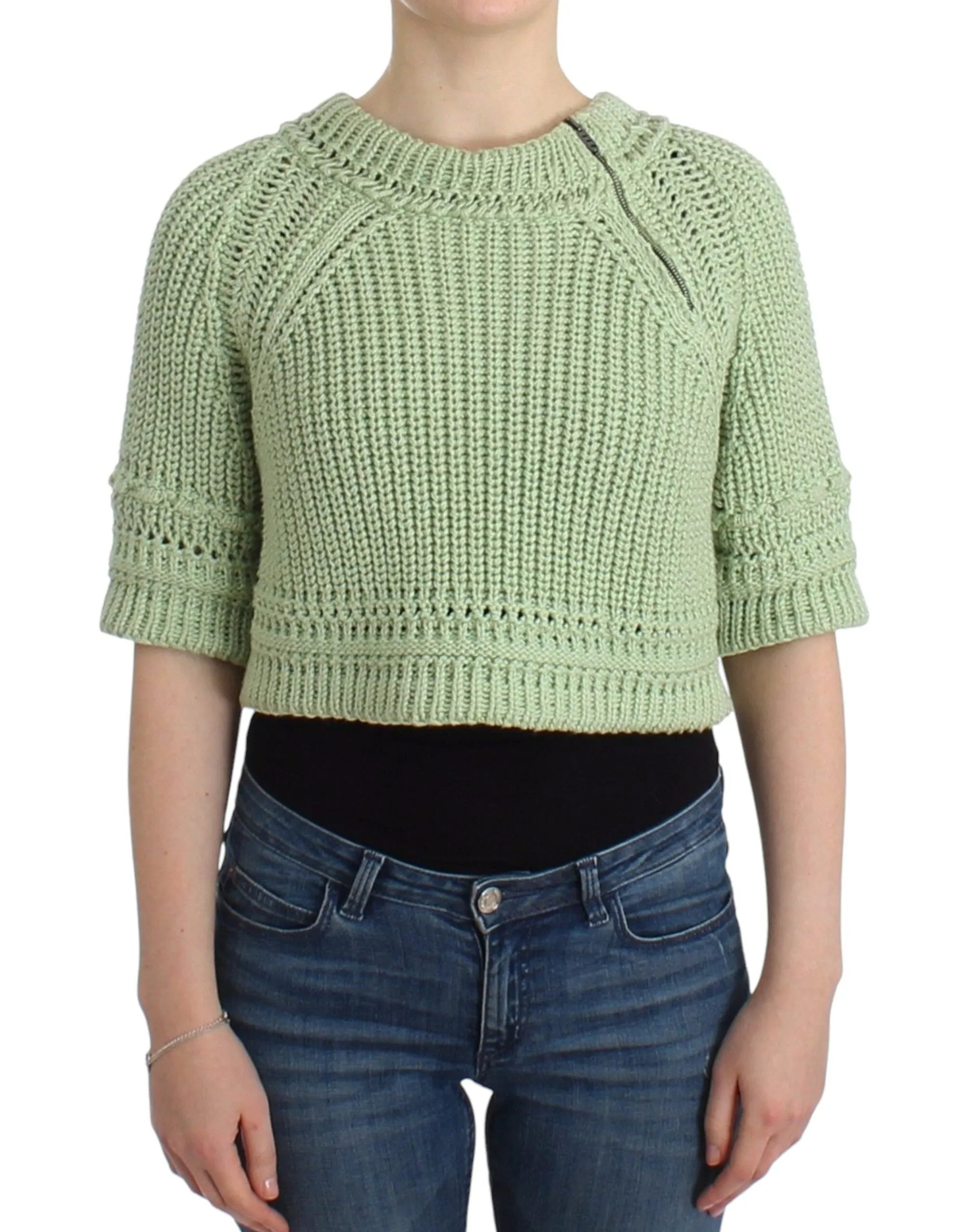 Chic Green Cropped Cotton Sweater sold by Louxly