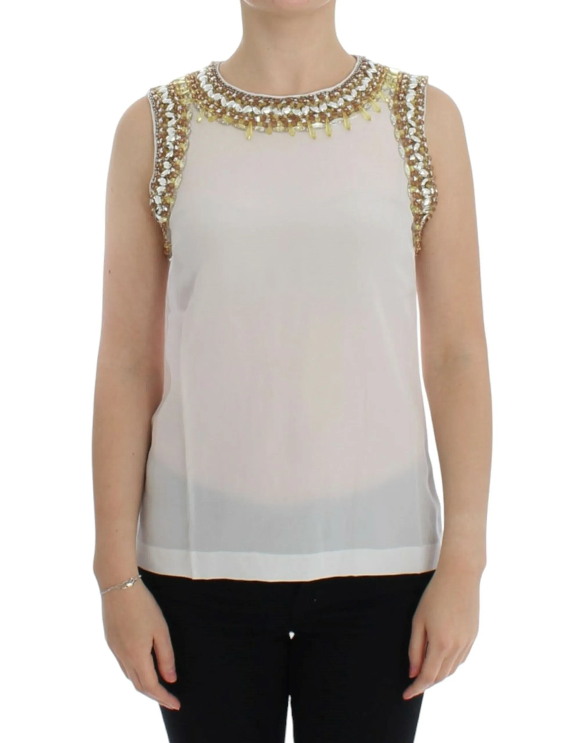 Elegant Sleeveless Silk Blouse with Crystal Embellishment sold by Louxly