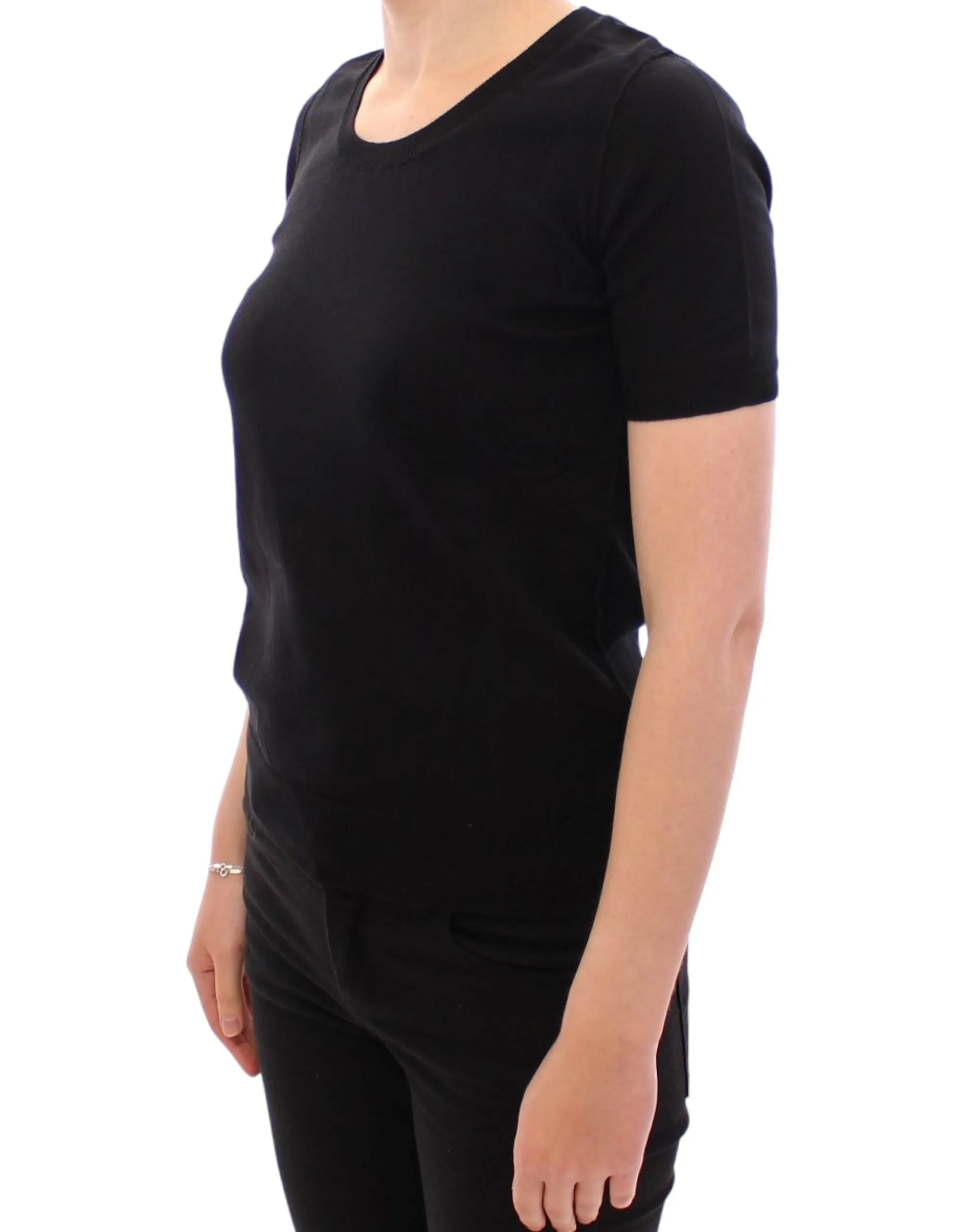 Elegant Black Cotton Crew-neck Tee sold by Louxly product image thumbnail 2