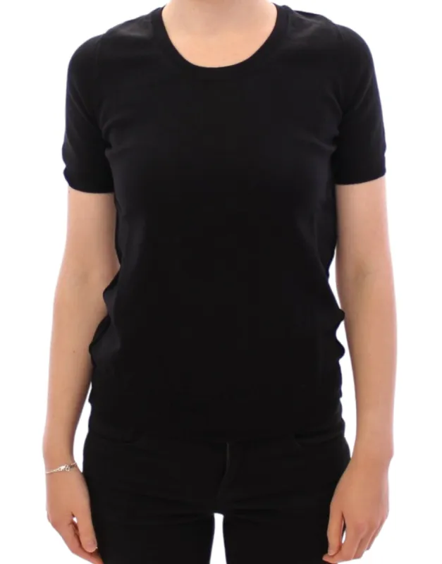 Elegant Black Cotton Crew-neck Tee sold by Louxly