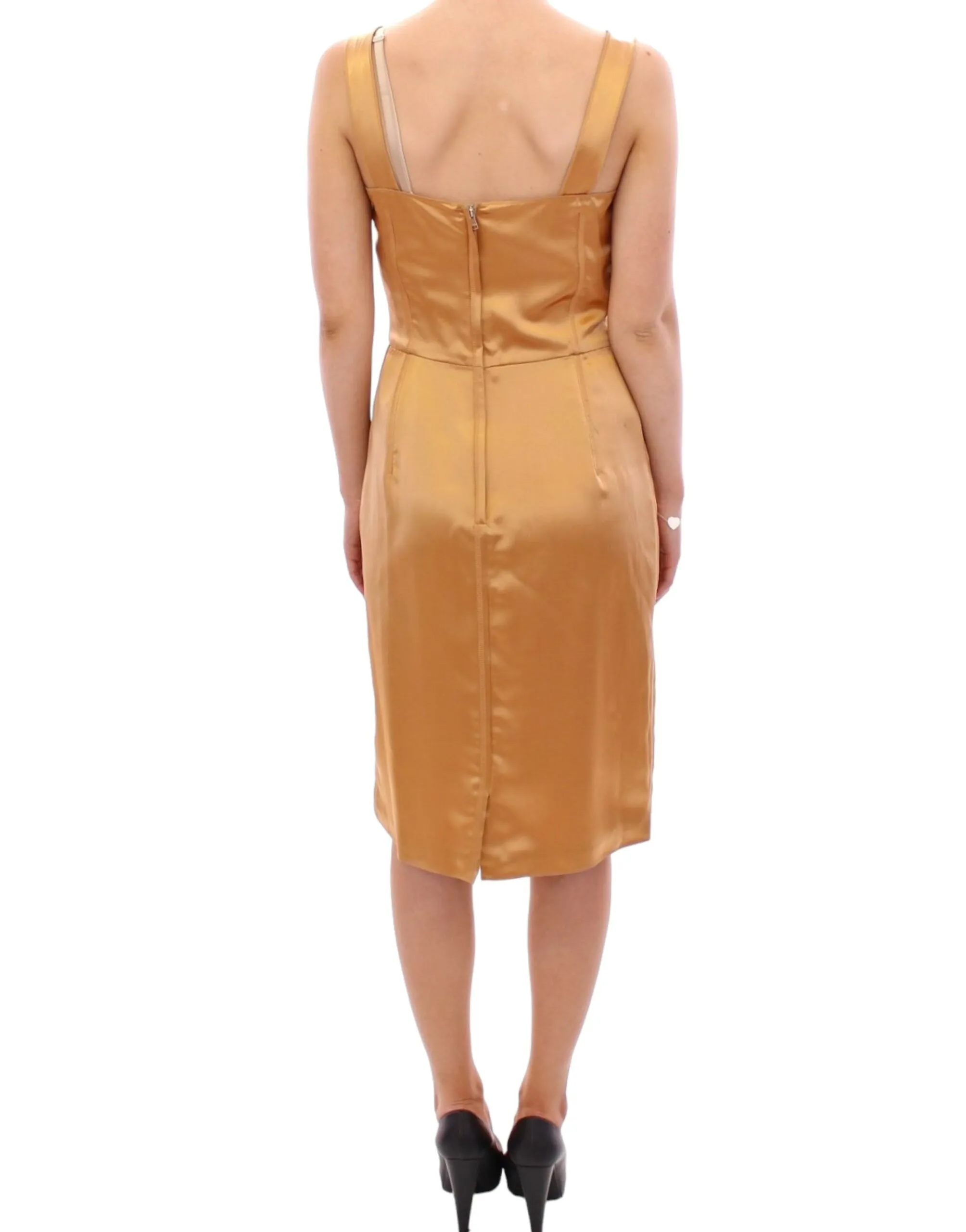Elegant Bronze Silk Knee-Length Sheath Dress sold by Louxly product image thumbnail 3