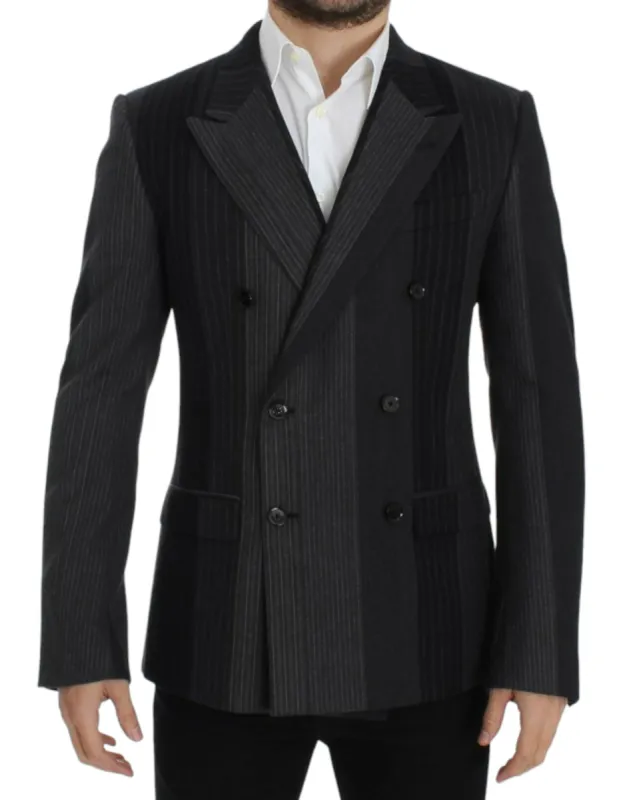 Elegant Gray Striped Wool Slim Blazer sold by Louxly