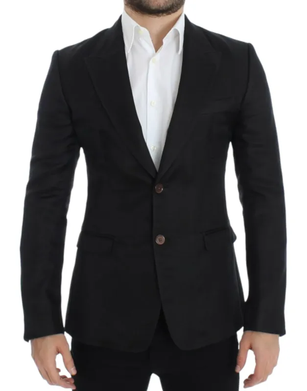 Elegant Black Silk Blend Two-Button Blazer sold by Louxly