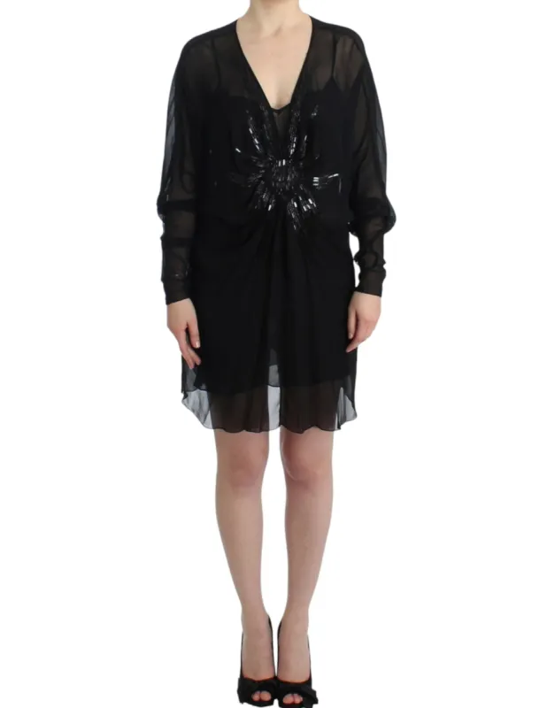 Elegant Sheer Black Silk Blouson Dress sold by Louxly