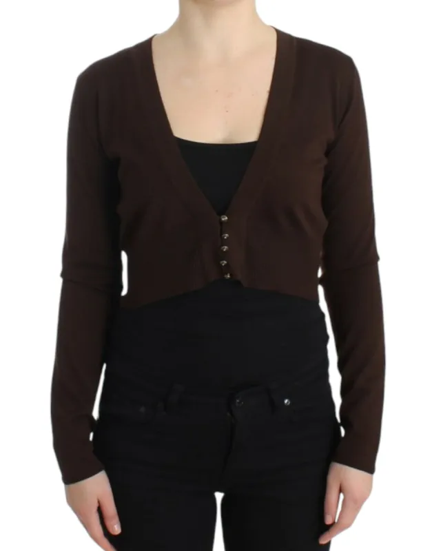 Elegant Brown Virgin Wool Cropped Cardigan sold by Louxly