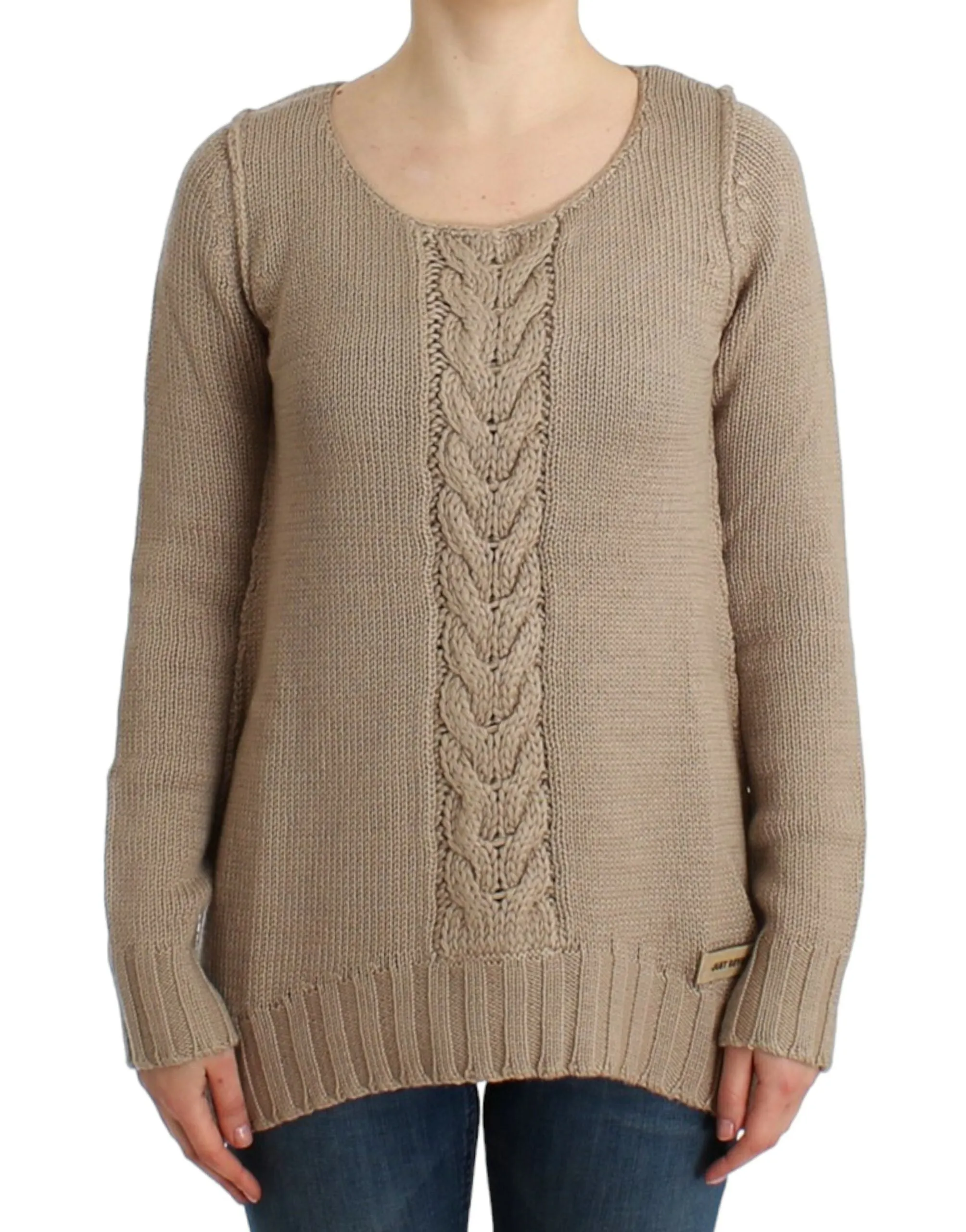 Elegant Beige Knitted Crew Neck Sweater sold by Louxly