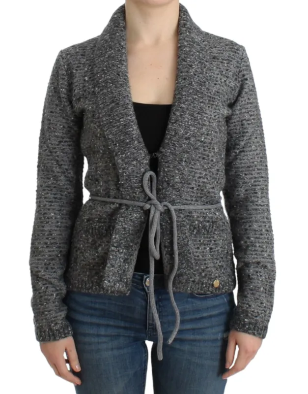 Elegant Gray Wool Blend Cardigan sold by Louxly